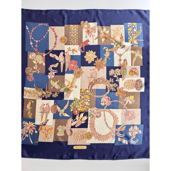Vintage SALVATORE FERRAGAMO Navy Patchwork Silk Twill 34" x 33" Square Scarf - Picture 2 of 15